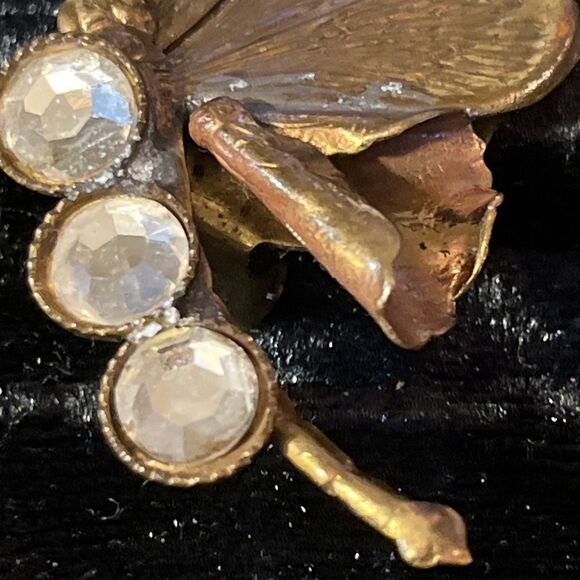 VTG Made In Italy Mixed Metal Brass Copper Rhinestone Butterfly Clip On Earrings - Picture 7 of 14